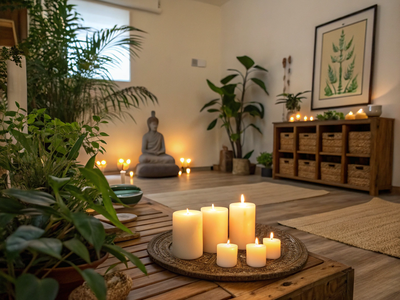 Candle and meditation cushion in a quiet evening studio