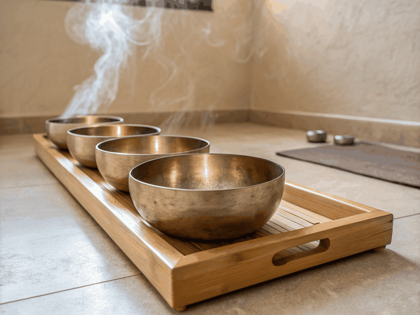 Frosted white quartz singing bowl set on meditation mat