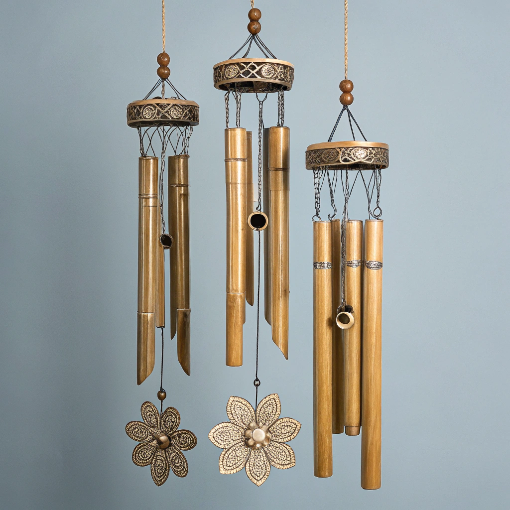 Precision acoustic wind and Koshi chimes hanging in soft ambient sunlight