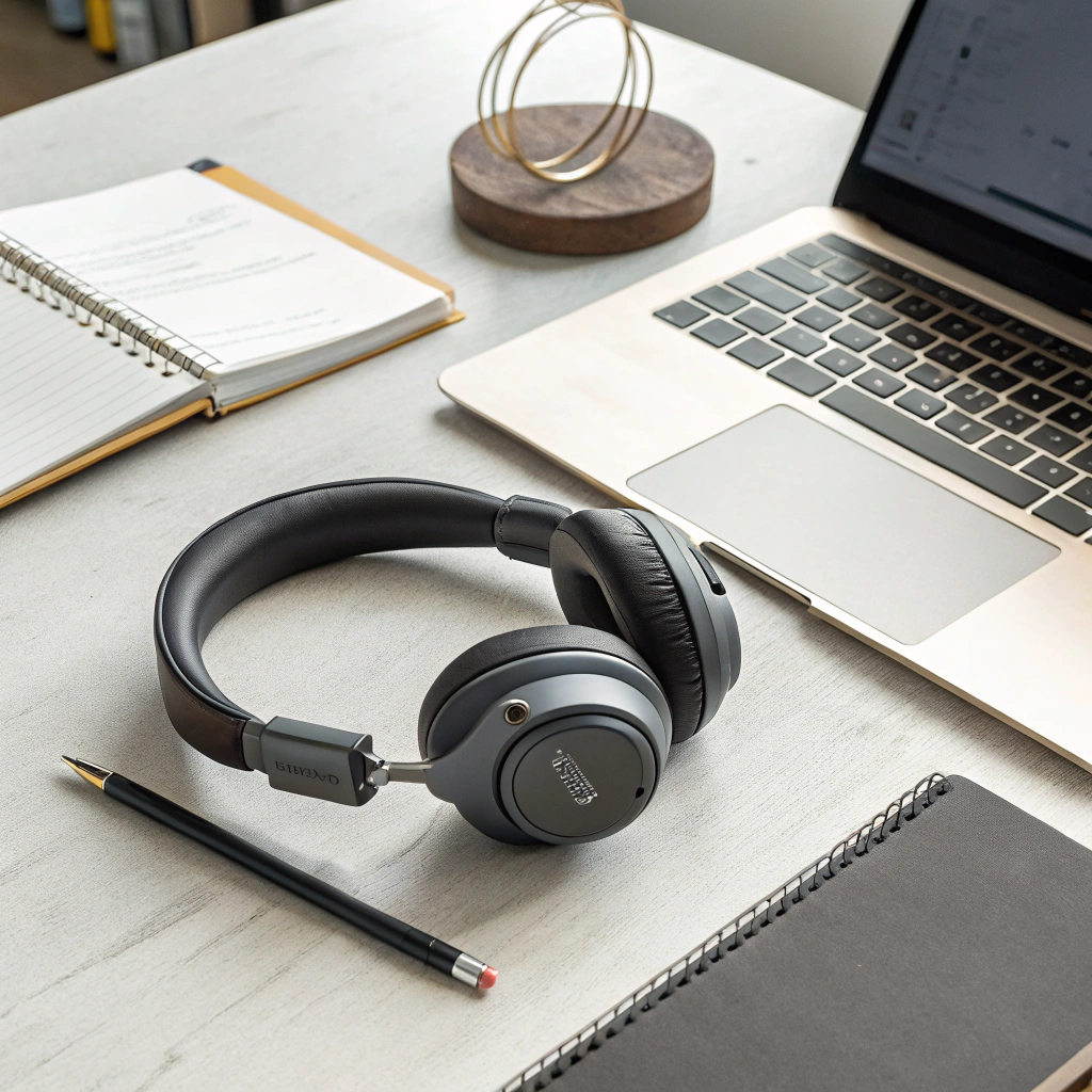 Open-back reference headphones on natural wooden desk surface