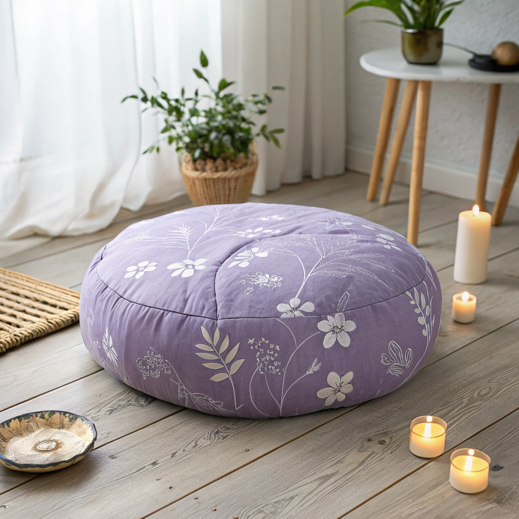 Neutral linen meditation cushion and small singing bowl on rush mat