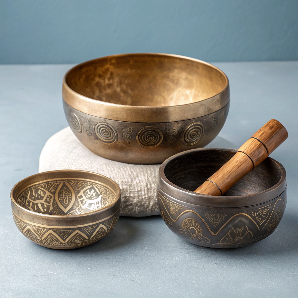 Hand-hammered brass singing bowls with wooden striker on warm stone
