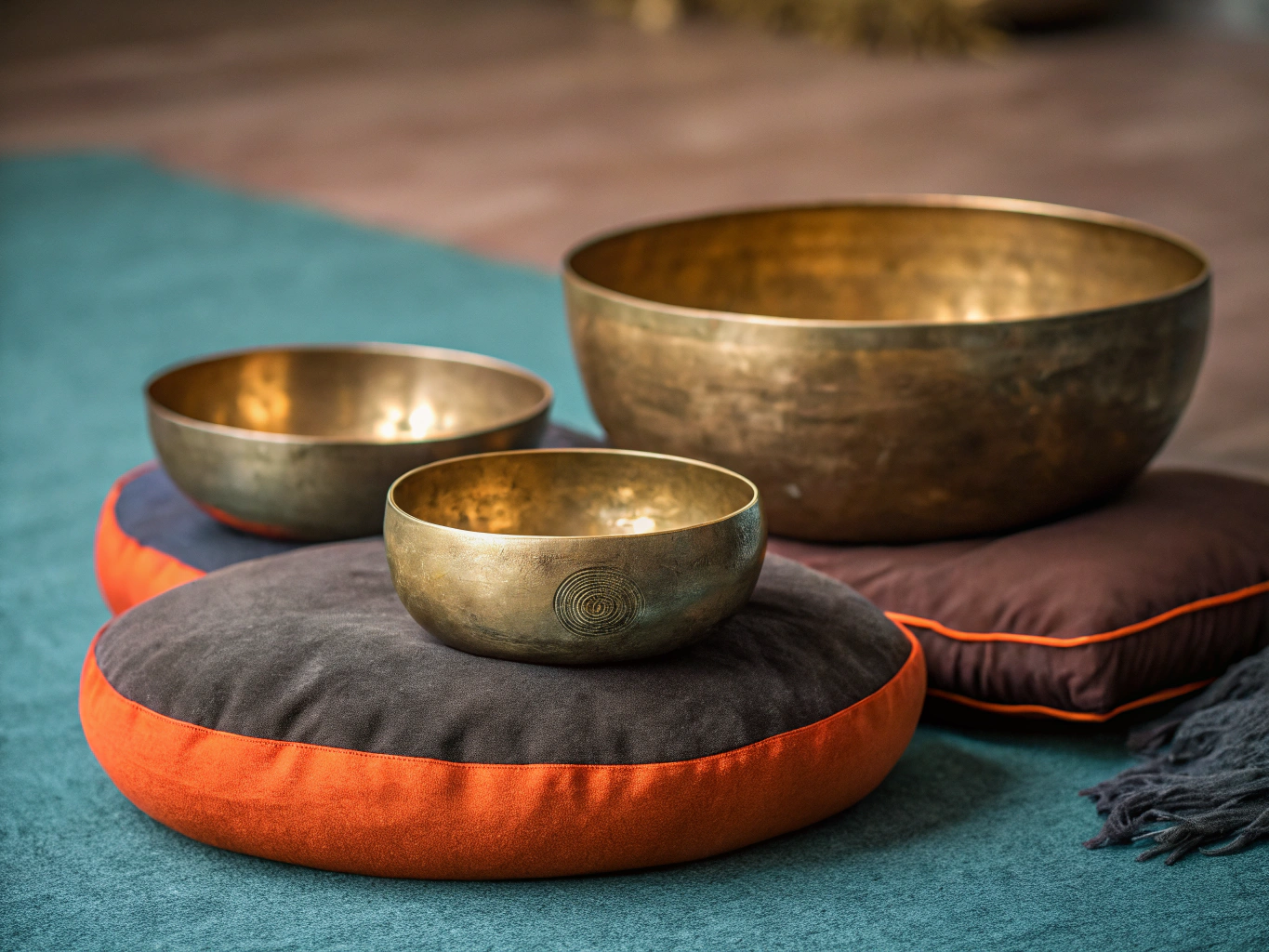 Hand-hammered Tibetan singing bowls on warm oak floor