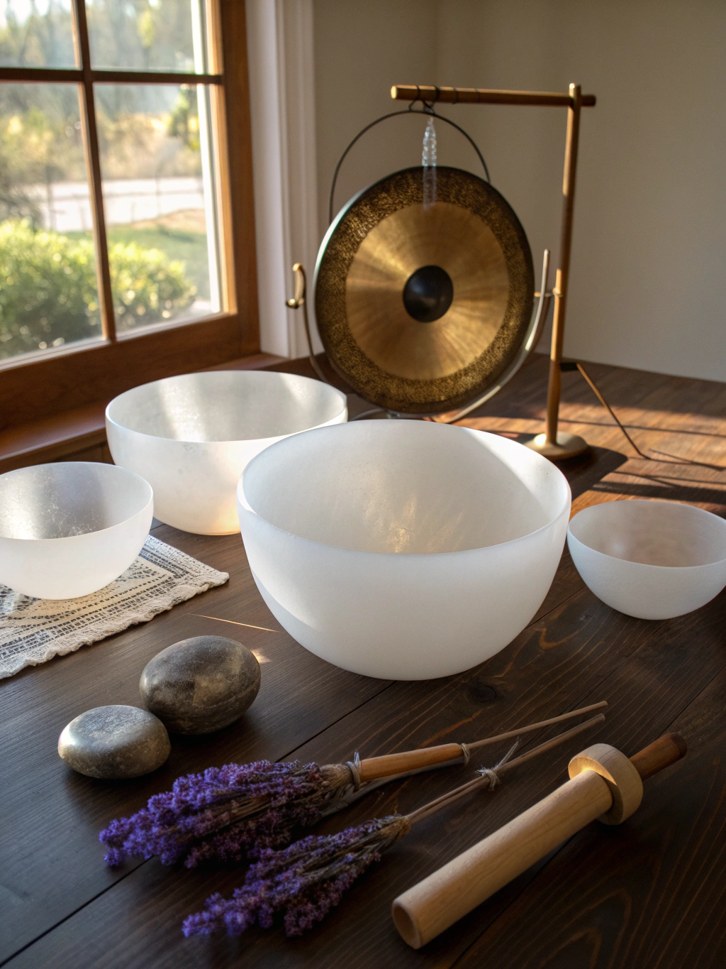 Frosted quartz singing bowl with wooden striker in morning sunlight
