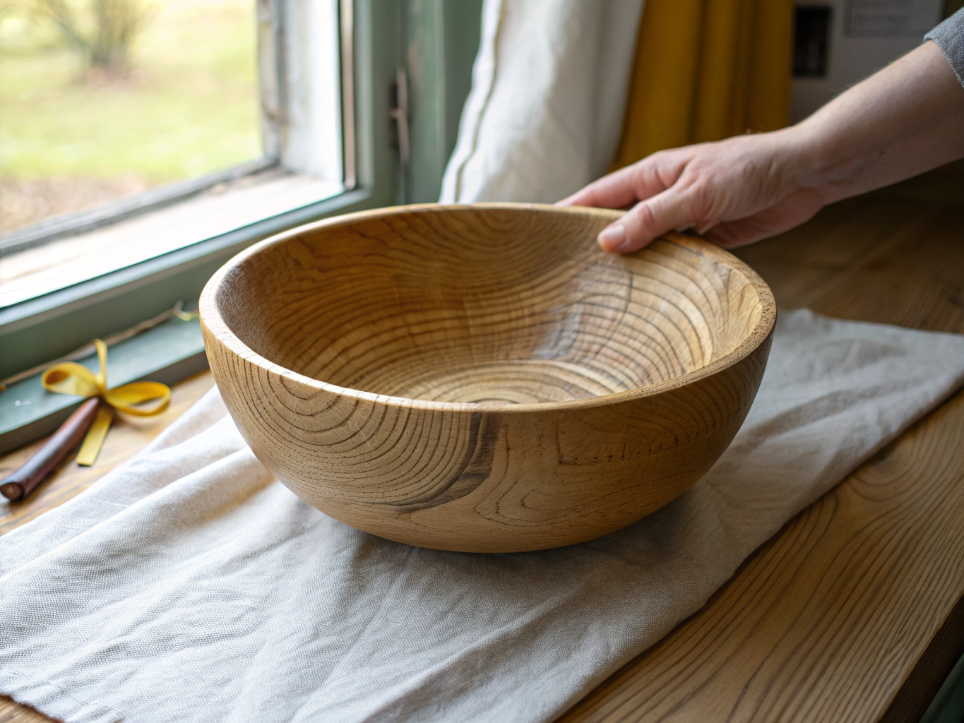 Handcrafted singing bowls on wooden floor