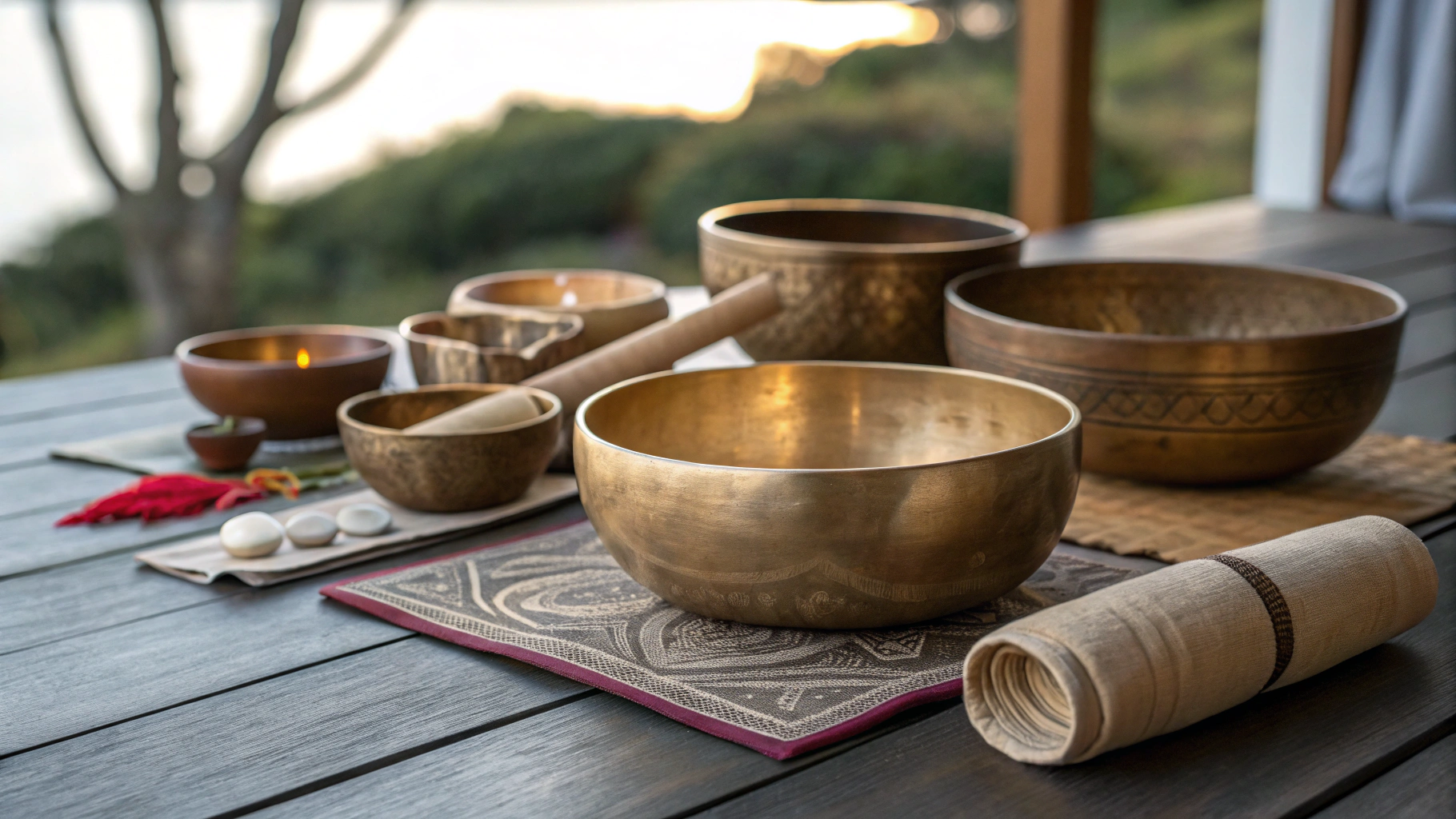 Candlelit wellness studio with singing bowls arranged on woven mats