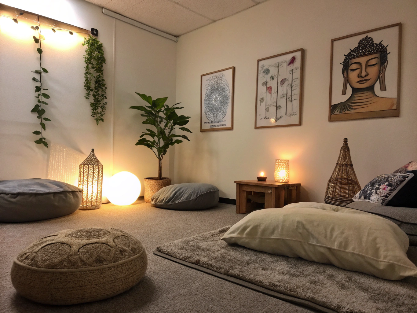 Warm ambient room prepared for restful sleep and meditation