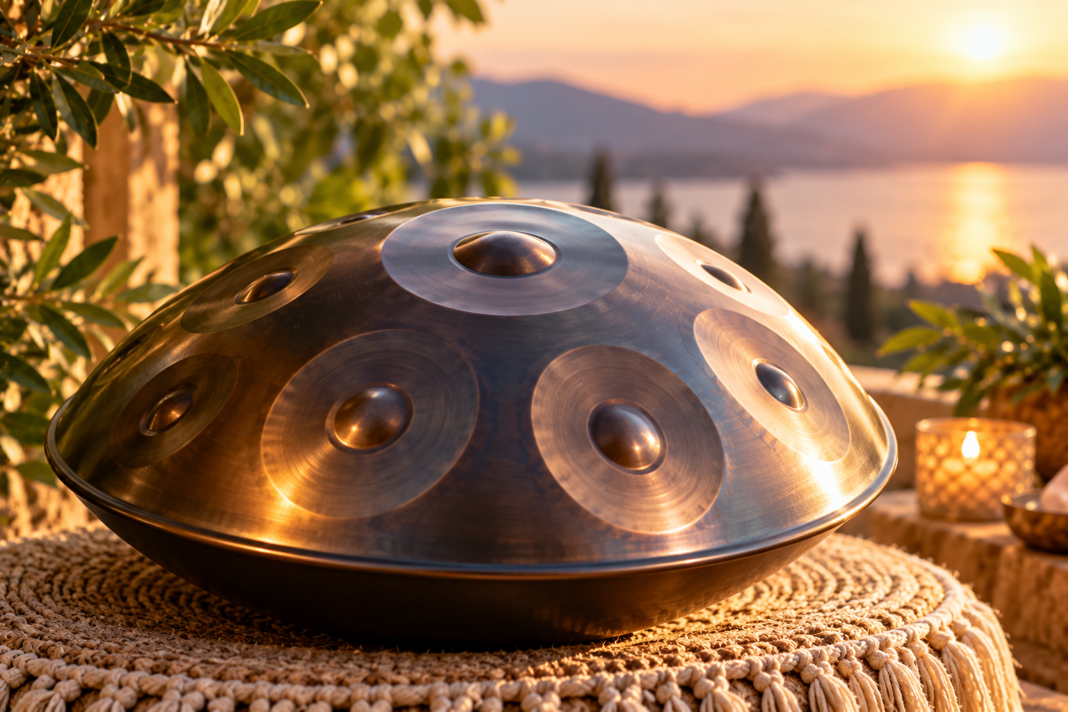 Hand pan resting by the water at sunset