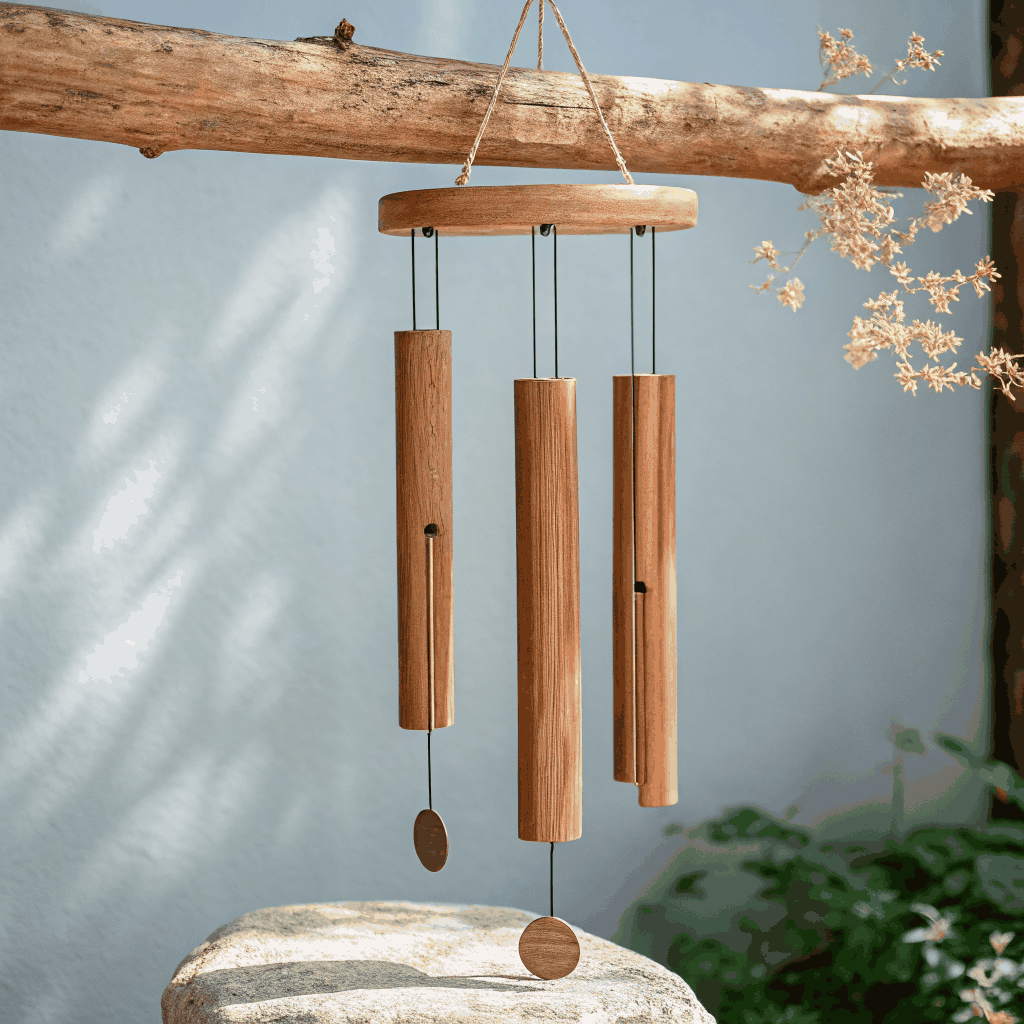Wooden mallet resting on delicate sound chimes
