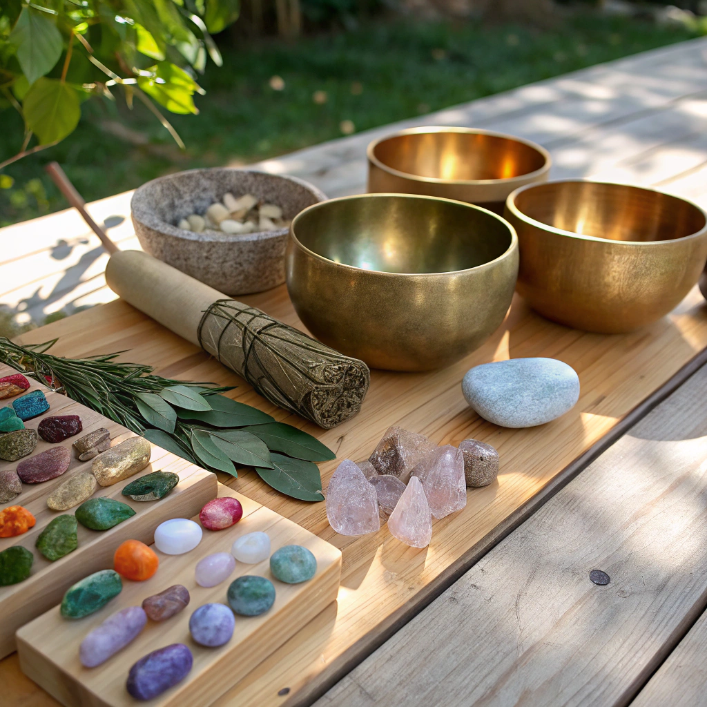 Woman with crystals and a crystal singing bowl for a mindful spiritual practice