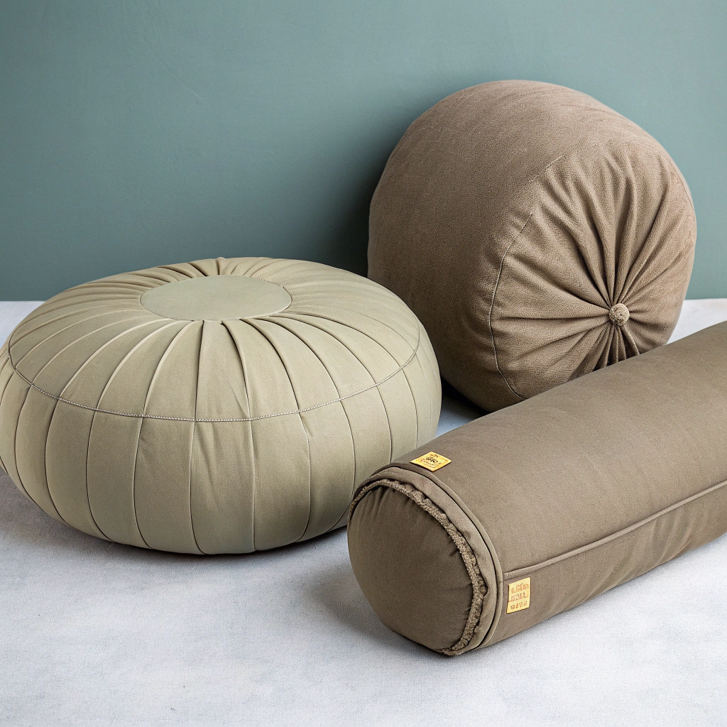 Structured buckwheat zafu and supportive bolster cushions in muted natural tones
