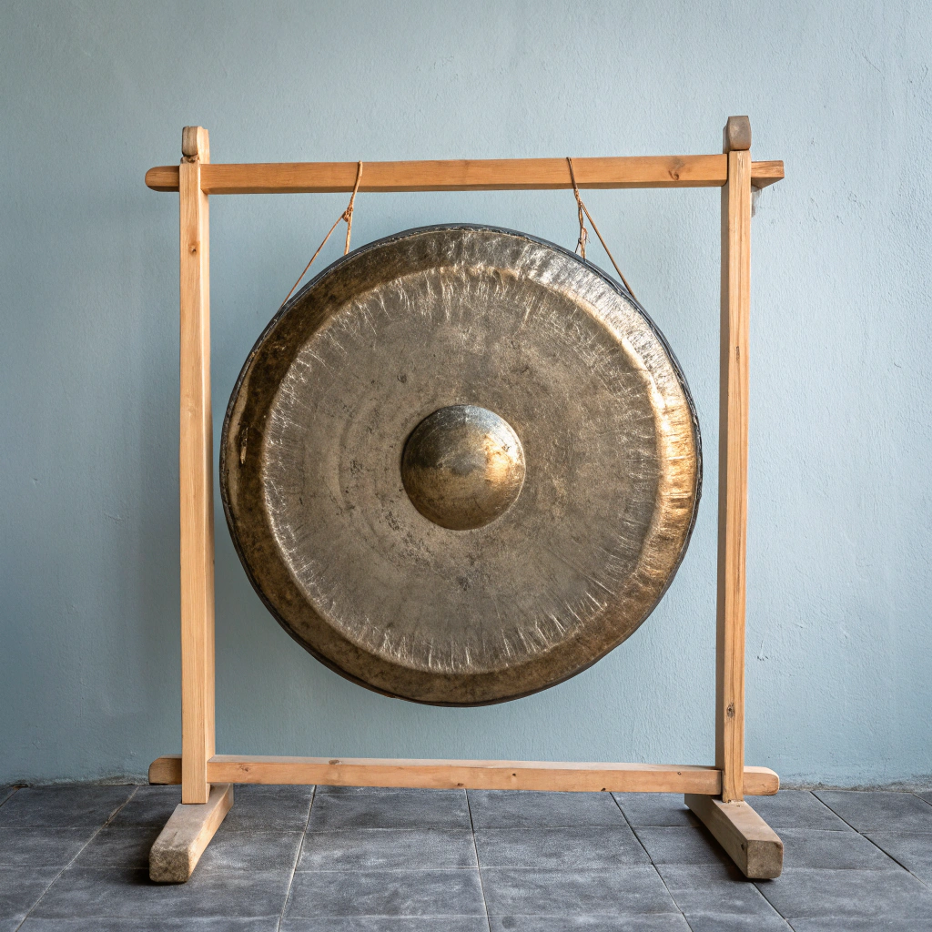 Handcrafted orchestral planetary gong on dark timber stand