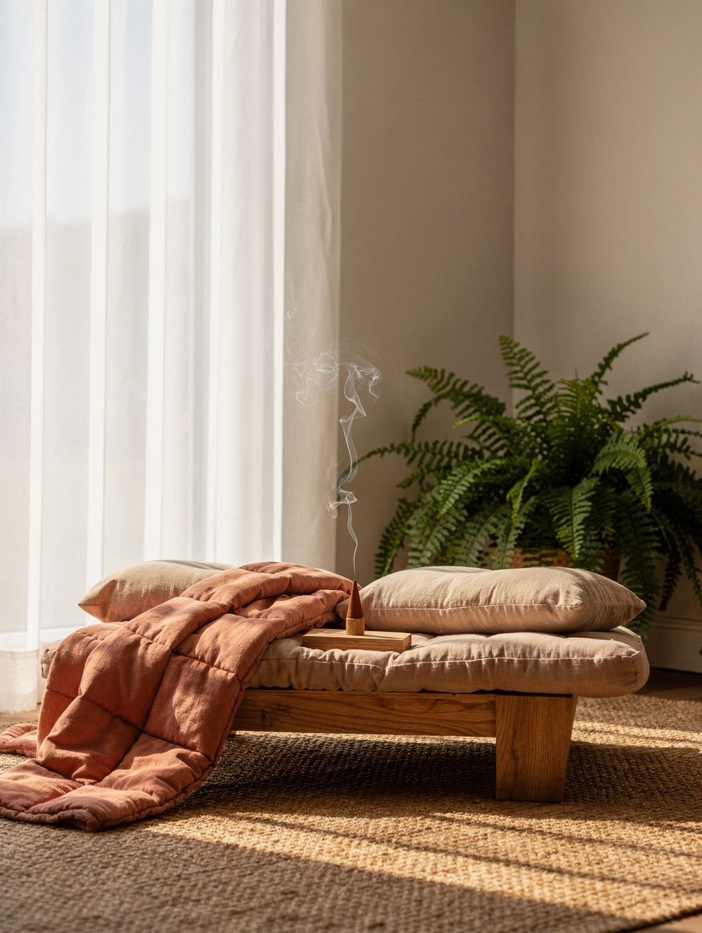 Sunlit wellness sanctuary with linen curtains, wooden floor, and meditation cushions